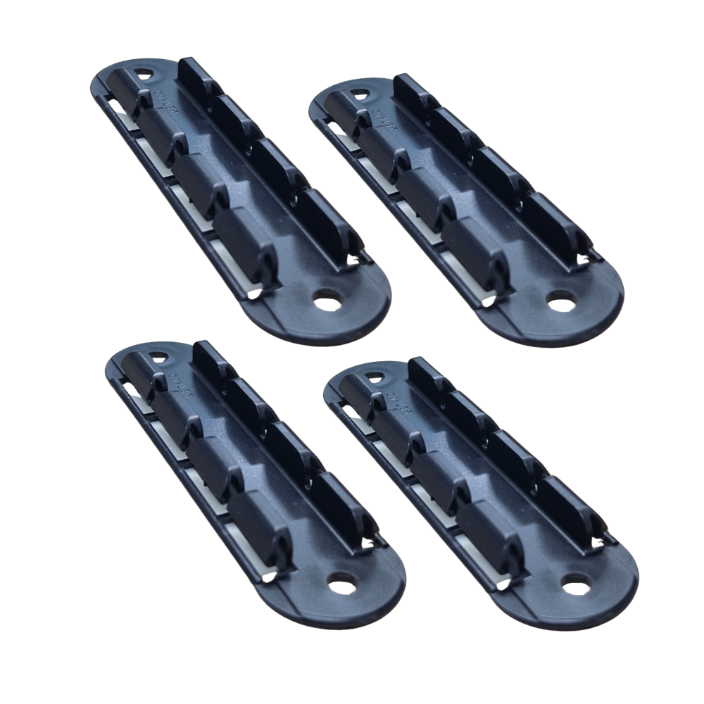 Detailfoto van 4 zwarte montageclips voor plisséhordeur set met dubbelzijdig tape